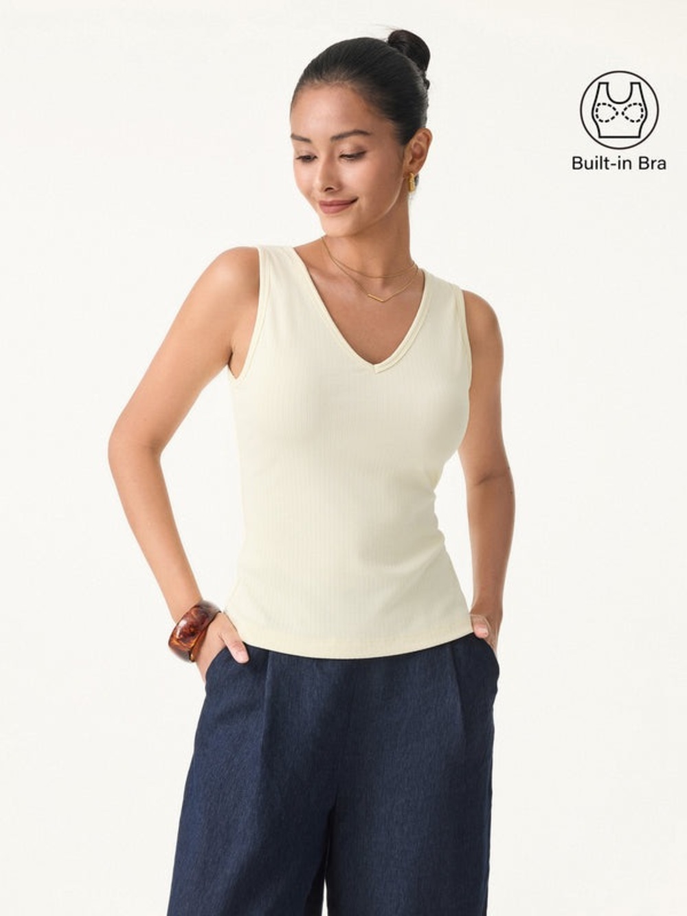 OGL Stretch Cotton Pointelle V-neck Sleeveless Brami Tank in cream Size M